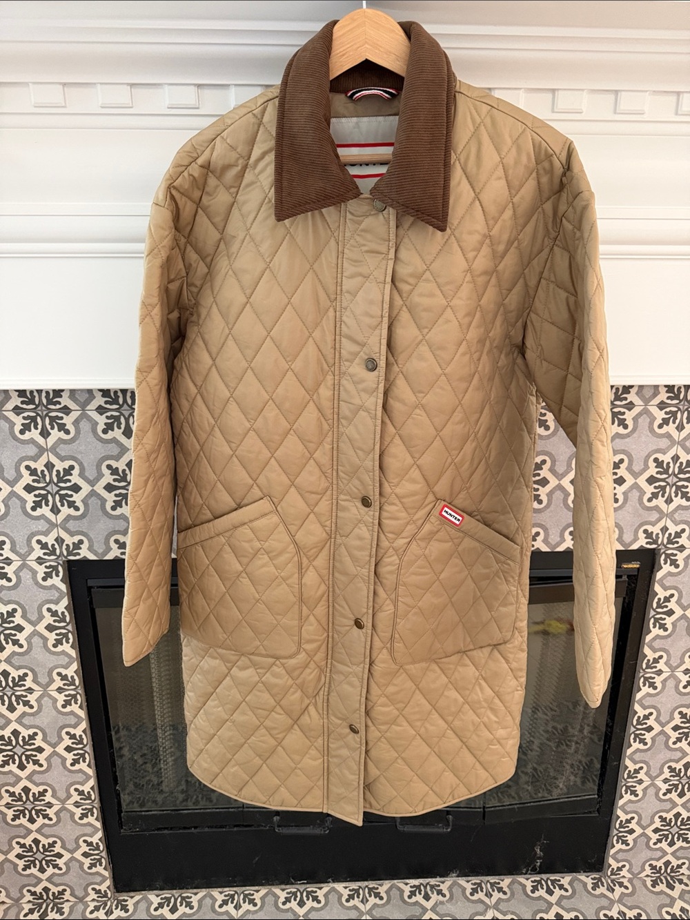 RARE Hunter Barn Jacket Quilted Puffer LONG Corduroy Collar Khaki Tan NWT M S